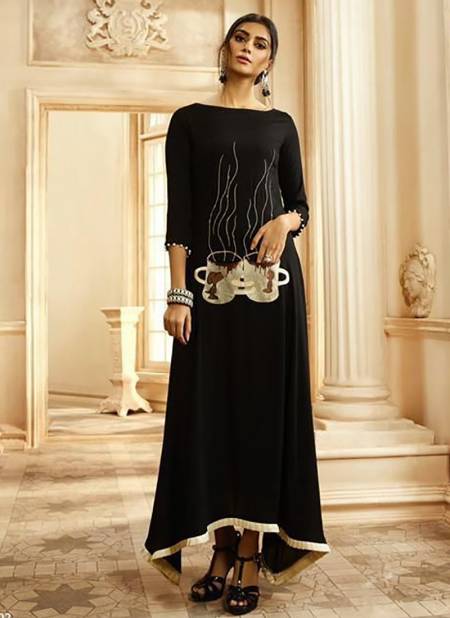 Black Colour Stylish Gown Designer Party Wear Pure Rayon Cotton Fancy Long Kurti Collection 1002